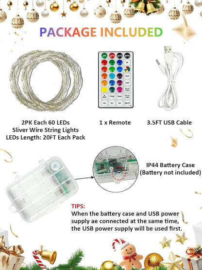2 Pack 60 LED RGB Color Changing Fairy Lights Battery Operated with Remote | 20FT Christmas Twinkle String Lights with Timer 8 Modes 18 Colors, USB & Battery Powered, Waterproof Outdoor Halloween Decor