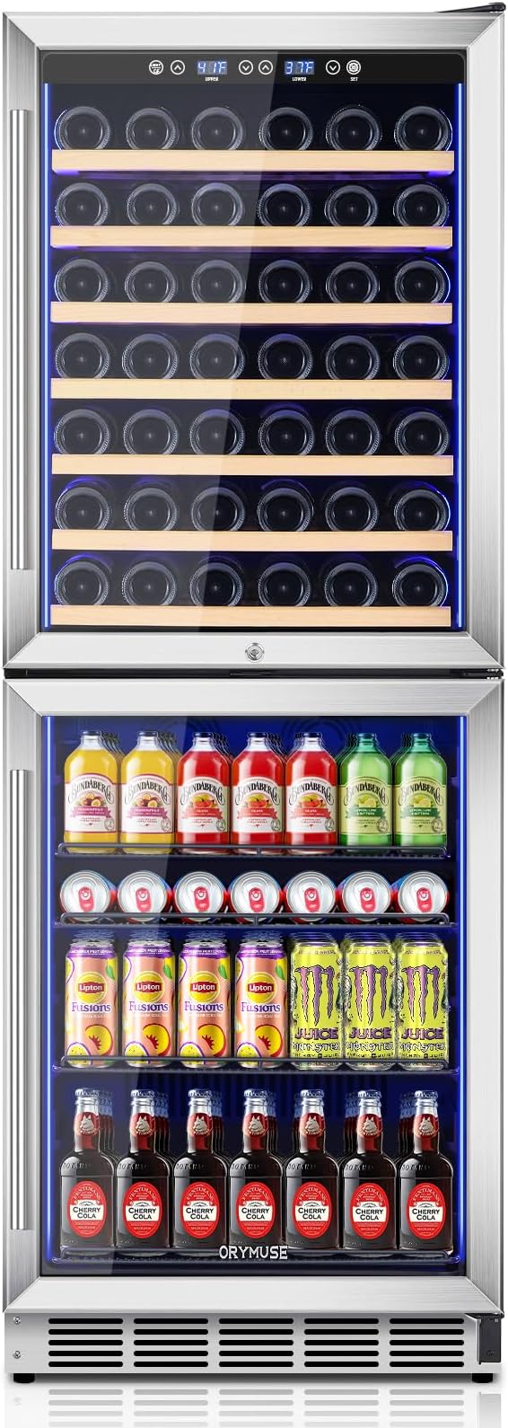 ORYMUSE 24 Inch Dual Zone Wine and Beverage Refrigerator, 180 Can / 77 Bottle Capacity Built-In Freestanding Wine Fridge with Glass Door, Drink Cooler for Kitchen Home Bar, Blue LED Light