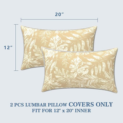 LVTXIII 2 Pack Outdoor Lumbar Pillow Covers 12x20 Inch with Piping, Water-Repellent Back Cushion Covers ONLY for Patio Furniture, Sofa, Garden Bench, Tropical Leaf Oat