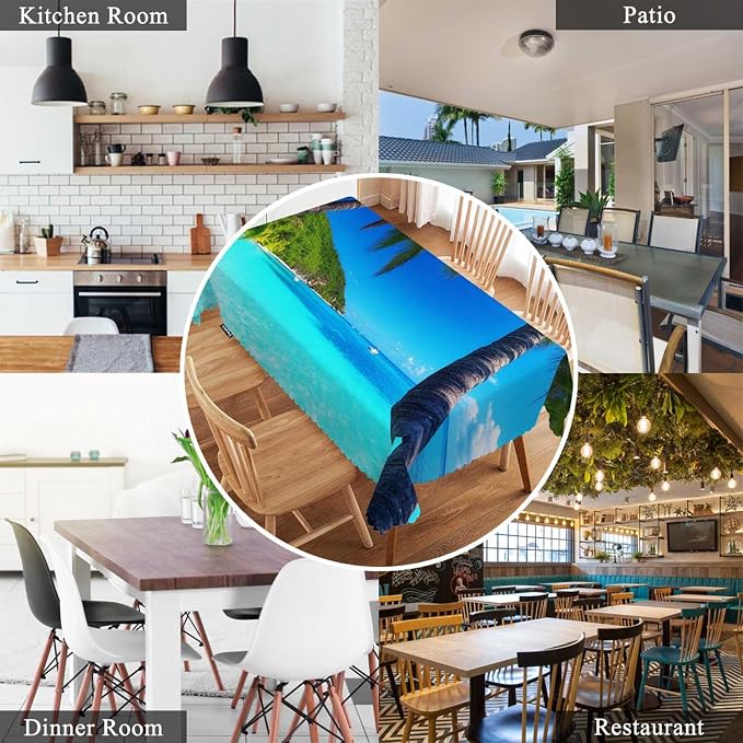 Swono 52x70 Inch Ocean Palm Tablecloth Tropical Island Beach Sea Palm Trees Farmhouse Dining Table Cloth Anti-Stain Talking Table Cover for Kitchen Dinning Room Coffee Store