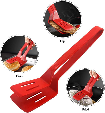 Silicone Cooking Tongs 11" Stainless Steel, BBQ Clamp Spatula for Grilling | 11-inch silicone tongs, stainless steel BBQ spatula clamp for bread, steak, fish, salad, red, heat-resistant