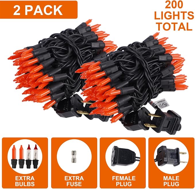 2 Pack Orange Halloween Lights, 100 Count, Incandescent Mini Halloween String Lights Outdoor, Black Wire Connectable Tree Light for Garland Christmas Thanksgiving Holiday Patio Home Decor