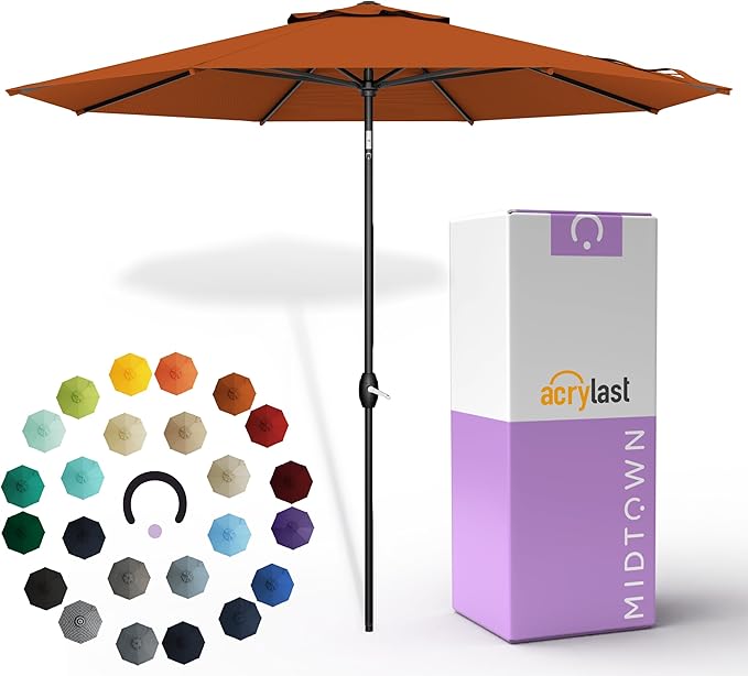 Midtown Umbrellas – The Lean 10 Ft Patio Umbrella with 10-Year-No-Fade Acrylast Acrylic Fabric, Auto-Tilt and 8 Reinforced Ribs for Deck, Pool, Garden, Hotel & Cafes – Sienna Rust Canopy, Black Pole
