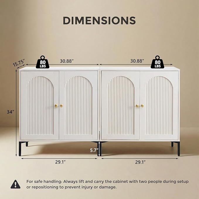 IFBUY Modern Sideboard Buffet Cabinet, 61.75" W Fluted Arched Buffet Cabinet with Storage and Adjustable Shelves, Wooden Modular Coffee Bar Cabinets for Kitchen, entryway, White.