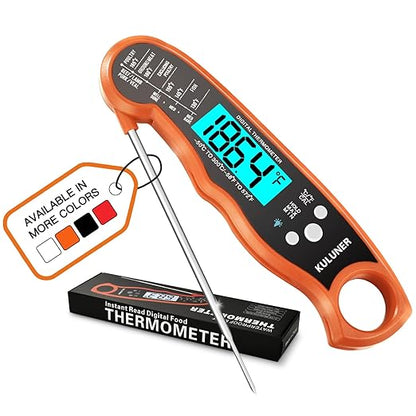 KULUNER Digital Meat Thermometer Instant Read, Orange Waterproof Food Thermometer with 4.6" Folding Probe, Backlight & Calibration, 2-3s Fast Reading for Kitchen BBQ Grilling Cooking - Orange
