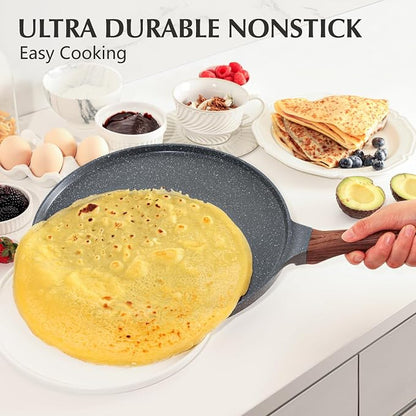 SENSARTE 10 Inch Nonstick Crepe Pan Granite Coating Pancake Pan Gray | Swiss Granite Coating Dosa Pan Pancake Flat Skillet Tawa Griddle with Stay-Cool Handle, Induction Compatible