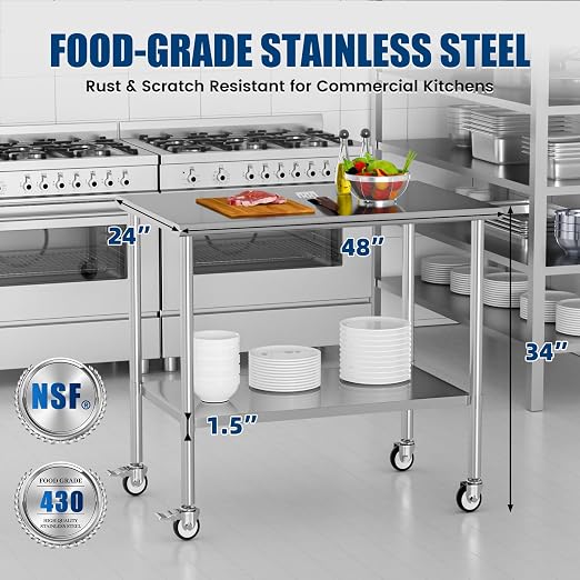 Stainless Steel Work Table with Wheels, 24x48 Inch NSF Kitchen Prep Table with Adjustable Undershelf for Commercial Restaurant, Garage, Outdoor BBQ