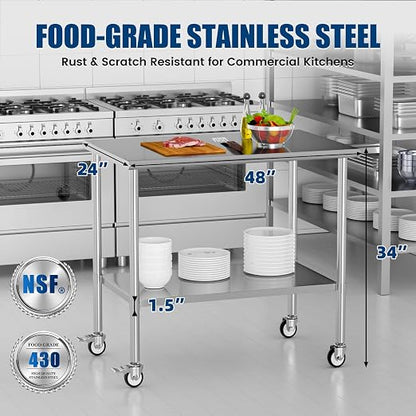 Stainless Steel Work Table with Wheels, 24x48 Inch NSF Kitchen Prep Table with Adjustable Undershelf for Commercial Restaurant, Garage, Outdoor BBQ