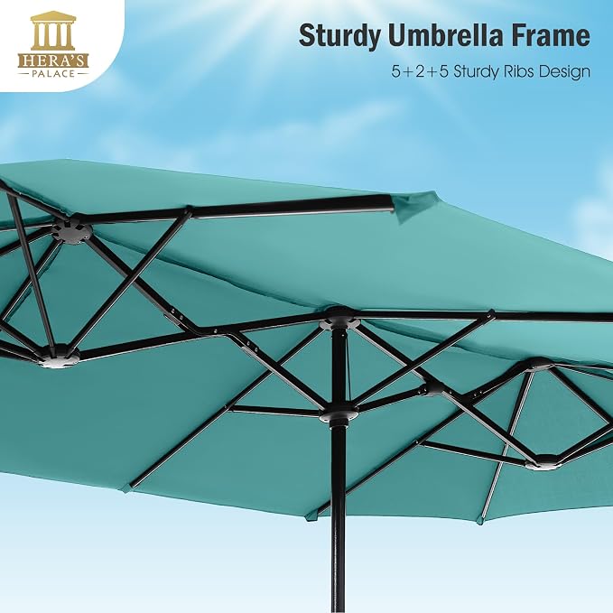 HERA'S PALACE 13 ft Large Double-Sided Twin Patio Umbrella, Outdoor Market Umbrella with Crank Handle, Powerful UV Protective, Turquoise