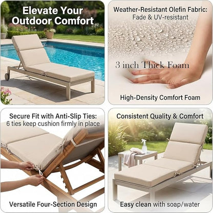 3" Solid Outdoor Lounge Chair Cushion, 74 x 22.5 inch Weather Resistant Chaise Lounge Cushion with 6 Ties for Patio Pool Furniture
