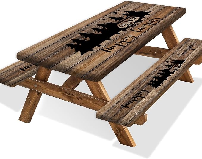 JAWO Picnic Table Cover with Bench Covers, Rustic Wooden Camper Fitted Table Cover, Outdoor Patio Camping Essentials, Waterproof Camping Fitted Tablecloth with Drawstring Bag, 30X60inches
