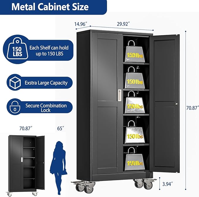 Ckzbx Metal Garage Storage Cabinet with Locking Doors and Adjustable Shelves,71" H Steel File Cabinet with Wheels for Garage,Office (Black)
