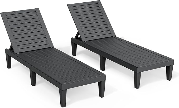 Outdoor Chaise Lounge Chairs Set of 2, 5-Position Adjustable Tanning Lounge Chairs with Wood Texture, All-Weather Resin Patio Lounge Chair for Pool, Garden, Deck, Beach, Striped Black