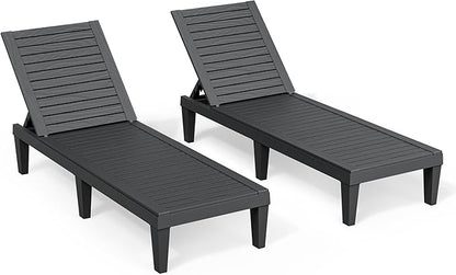 Outdoor Chaise Lounge Chairs Set of 2, 5-Position Adjustable Tanning Lounge Chairs with Wood Texture, All-Weather Resin Patio Lounge Chair for Pool, Garden, Deck, Beach, Striped Black