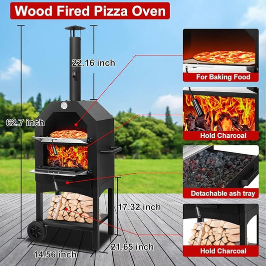 Outdoor Pizza Oven, Wood Fired for Outside, Patio Maker With Stone, Peel, Grill Rack, and Waterproof Cover for Backyard Camping