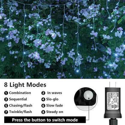 QITONG Icicle Lights for Outside, 33ft 400 LED String Lights Plug in with 8 Modes, Connectable White Icicle Christmas Light Clear Wire Indoor
