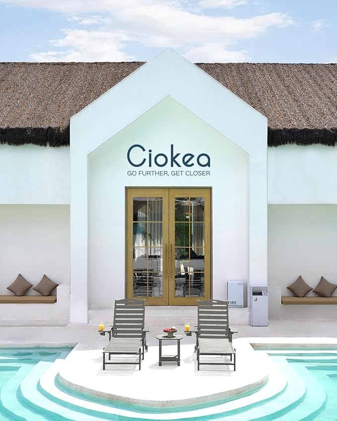 Ciokea Outdoor Chaise Lounge Chair Set of 2, Patio Lounge Chairs for Outside, HDPE Lounge Chairs with Wheels & Cup Holder, Poly Lounge Chair with 5 Position for Poolside, Deck, Grey