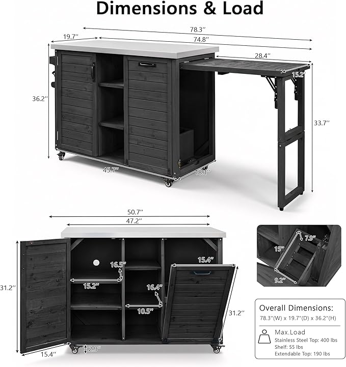 RUNNA 78.3" Outdoor Kitchen Island with Foldable Grill Table, Wooden Outdoor Grill Cart with Trash Can Storage & Stainless Steel Top, Outdoor Bar Cart, Pizza Oven Table for Lawn & Garden (Black@76)