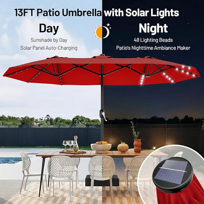 AreShark 13 FT Patio Umbrella with Solar Lights, Double-Sided Outdoor Table Umbrellas with Crank, Large Rectangular Market Umbrella for Porch, Lawn, Pool, Backyard, Red