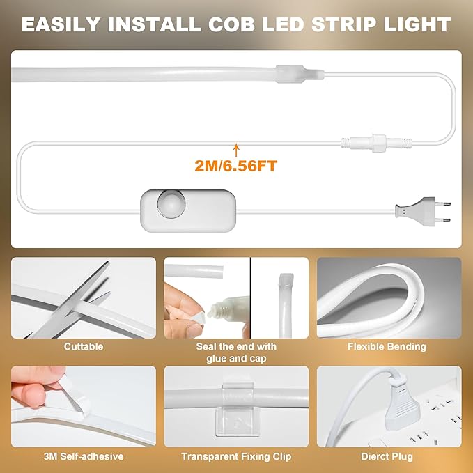 Gliztech IP67 Waterproof COB LED Strip Lights AC 110V-120V Direct Plug, 66FT Super Bright Outdoor Strip Lights with Double Fuse Controller, 6500K White LED Strips for Garden Patio Commercial Decor