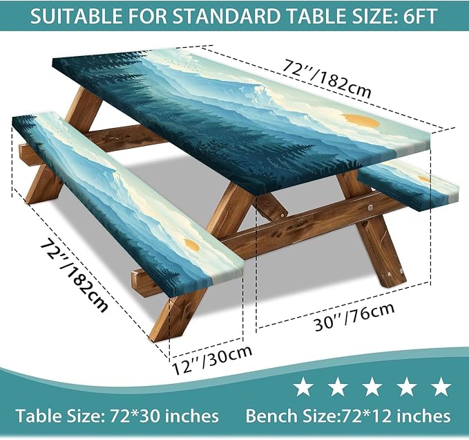 Picnic Table Cover with Bench Covers and Bag, Forest Mountain Sunset Camping Tablecloth, Waterproof Windproof Oilproof Elastic Edges Fitted Tables Cover for Indoor Outdoor 3PCS 30x72 Inch (Green)
