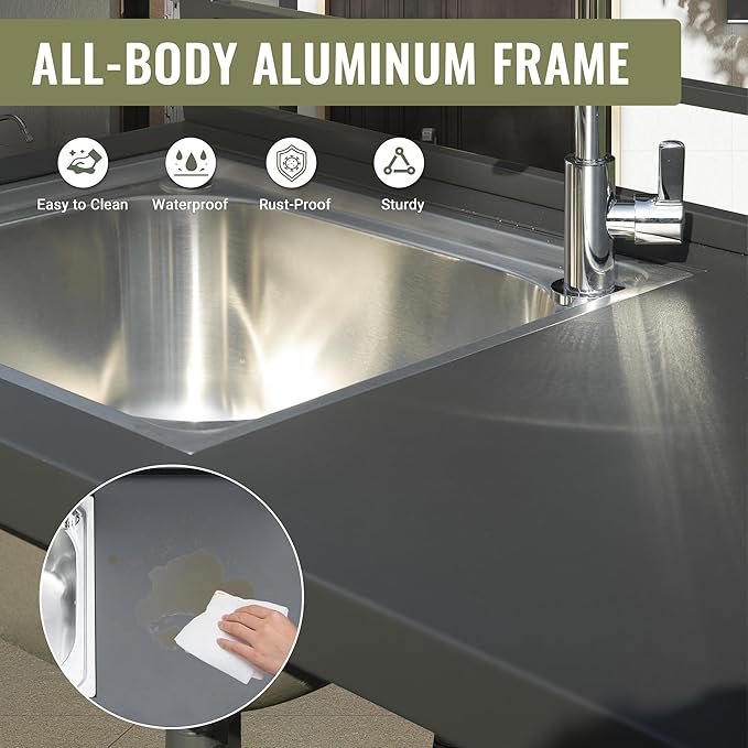 Domi Free Standing Aluminum Finish Kitchen Sink with Cold and Hot Water Pipe, Stainless Steel Sink Protective Cover, Dark Gray