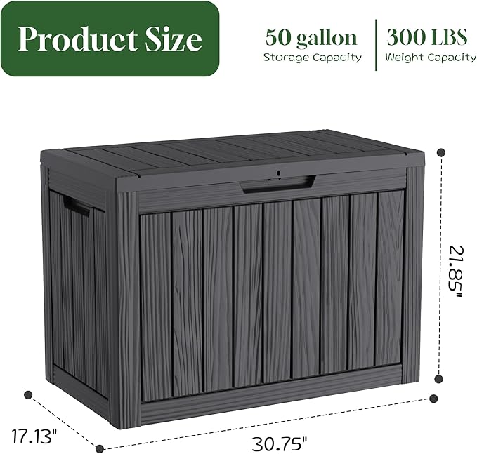 PatioZen 50 Gallon Deck Box Outdoor,Weatherproof Resin Patio Storage Box,Waterproof Outdoor Storage Boxes with Lid Lockable for Cushions,Garden Tools,Black