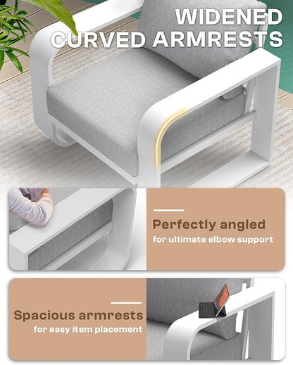Oversized Aluminum Outdoor Furniture Set, Extra Large Patio Furniture Sofa Set 4.8” Widened Armrest & Ultra-Thick Cushions, 4 Pcs Modern Patio Sectional for Backyard, Deck, White