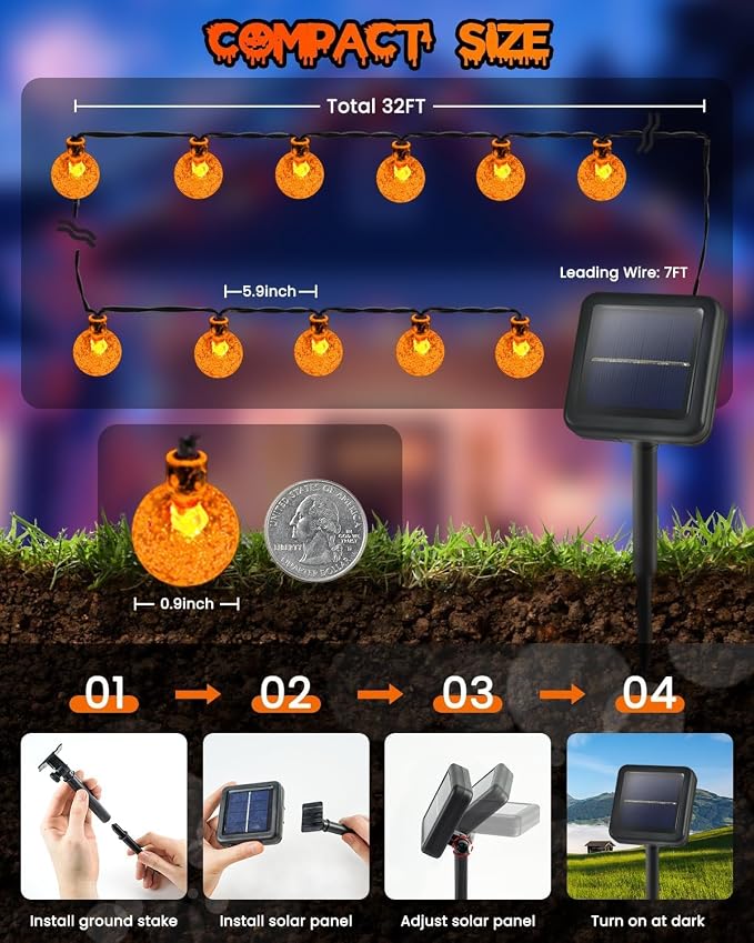 LORRYTE 2 Pack 64FT 100 LED Crystal Globe Solar Halloween Lights, Orange | Halloween String Lights Outdoor Waterproof, 8 Modes, Solar Powered Halloween Decorations for Outside Garden Patio Party Yard