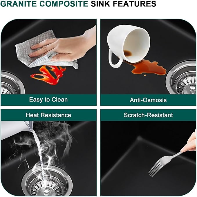 33 Inch Granite Composite Kitchen Sink - Matte Black Drop In Granite Kitchen Sink, Workstation All-In One Classic Quartz Top Mount Single Bowl Sinks for Modern Kitchen, 33"x22" #TLGT-123