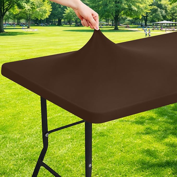 Moosfor Spandex 4 Foot Rectangle Table Cloth, Elastic Fitted Tablecloths for Picnic, Stretch Washable Patio Table Cover for Outdoor, Camping, Banquet and Parties (Coffee, 24"x48")