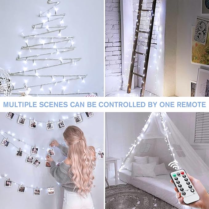 JMEXSUSS 33ft 100 LED White String Lights Battery Operated with Remote | Battery Christmas Lights, 8 Modes Outdoor Indoor Fairy String Lights for Bedroom Wedding Tree Yard Porch XMAS