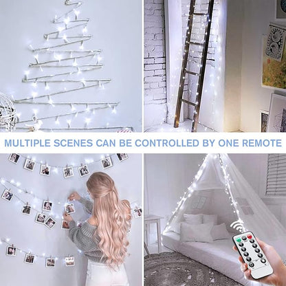 JMEXSUSS 33ft 100 LED White String Lights Battery Operated with Remote | Battery Christmas Lights, 8 Modes Outdoor Indoor Fairy String Lights for Bedroom Wedding Tree Yard Porch XMAS