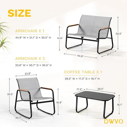 DWVO 4-Piece Rocking Patio Furniture Set, Textilene Conversation Set, Grey | Heavy-duty Patio Set w/Breathable Fabric, Smooth Rocking, Wooden Armrest, Tempered Glass Table, Easy Assembly and Cleaning