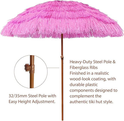 AMMSUN 7.5ft Hula Thatched Tiki Patio Beach Umbrella Hawaiian Style 10 Ribs UPF 50+ with Tilt Carry Bag for Outdoor Tiki Bar, Tropical Palapa, Patio Garden Beach Pool Backyard Pink