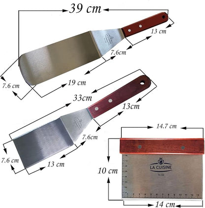 La Cuisine 3 PC Stainless Steel Griddle Spatula Set — Standard & Long Spatulas + Chopper/Scraper with Solid Wood Handles for Grill, BBQ, Teppanyaki & Flat Top Cooking
