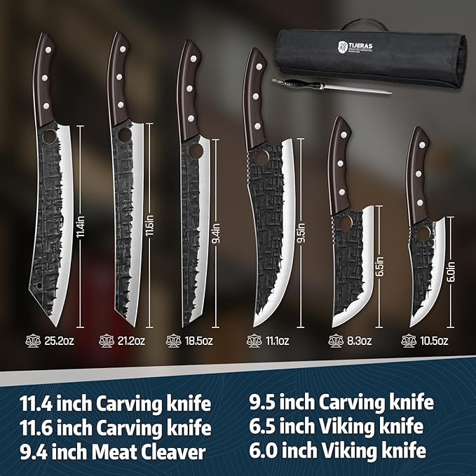TIJERAS Butcher Knife Set, Hand Forged BBQ Viking Meat Cleaver Knives, Professional Chef Knife Set with Roll Bag for BBQ, Camping, Birthday Gifts for Men Women