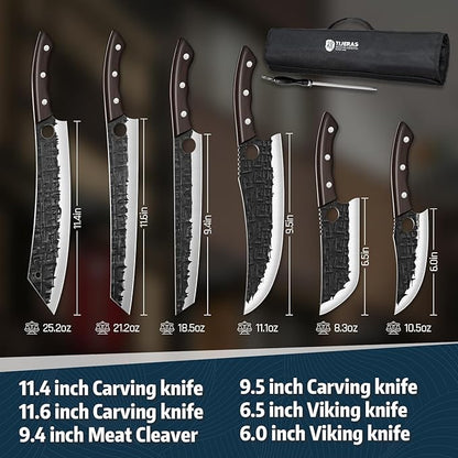 TIJERAS Butcher Knife Set, Hand Forged BBQ Viking Meat Cleaver Knives, Professional Chef Knife Set with Roll Bag for BBQ, Camping, Birthday Gifts for Men Women