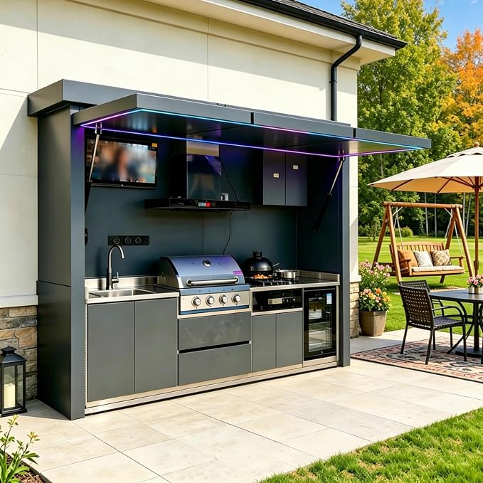 Prefabricated Modular Outdoor Kitchen Kits with Roof, Outdoor Kitchen Pod with Grill Sink Refrigerator Storage, Backyard Patio BBQ Kitchen Island for Outdoor Cooking