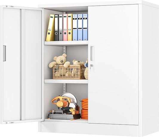 BESFUR Metal Storage Cabinet, Garage Storage Cabinet with 2 Adjustable Shelves, Locking Short Storage Cabinet for Office Garage Home, White Metal Cabinets (36" H x 31.5" W x 16" D)