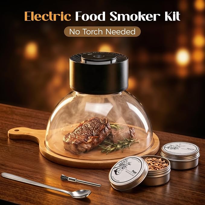 Umimile Electric Cocktail Smoker Kit, USB-C Rechargeable Torch-Free Whiskey Smoker for Cocktails and Food, Adjustable Smoke Control, Glass Cover, Wood Tray, 6 Wood Chips (7.09 inches)