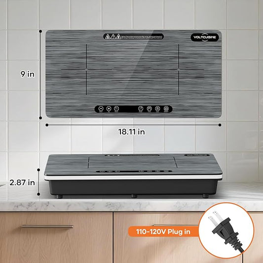 1800W Dual Induction Cooktop, Silver Wood-Grain Panel, 2×900W Burners, Touch Control, 8 Heating Levels, Timer, Black Ceramic Glass, Compatible with Magnetic Cookware