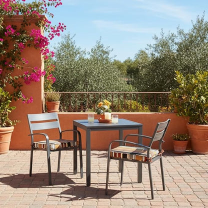 Outdoor 18 inch Square Patio Dining Chair Pads – Comfortable Fiber-Filled Seat Cushions with Ties, Reversible Polyester Fabric - Brick Stripe, Set of 2