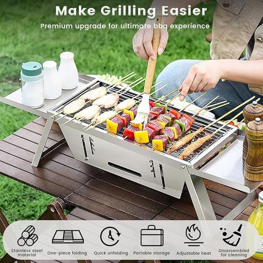 Portable Charcoal BBQ Grill, Foldable Compact Camping Barbecue with Space-Saving Design, Small Grill for 1-3 People for Garden Beach Picnic Tabletop Use