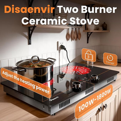 2 Burner Electric Cooktop 110V - 24 Inch(23.6"x 13.78") Ceramic Stove Countertop & Built-in(22"x 12.2"), 2000W Two Burner Cooktop with Touch & Knob Control, Timer, Safety Lock, 120V Plug in