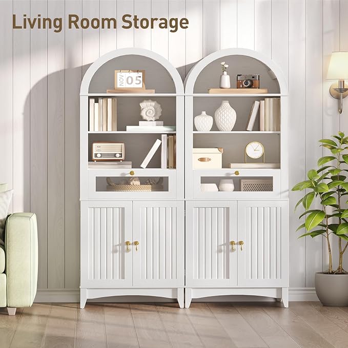 RALGEND 66" Tall Bathroom Storage Cabinet with Flip Drawer, Freestanding Storage Cabinet with Doors & Shelves,Arched Cabinets for Bathroom, Living Room, Kitchen, Laundry, White