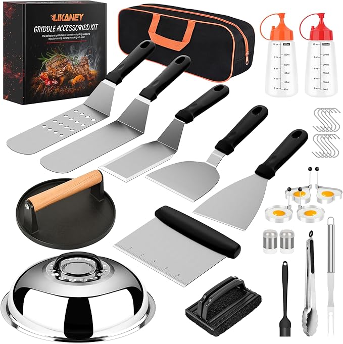 31PCS Griddle Accessories Kit, Flat Top Grill Accessories Set for Blackstone and Camp Chef, Barbecue Accessories Set with Basting Cover, Enlarged Spatulas, Griddle Press