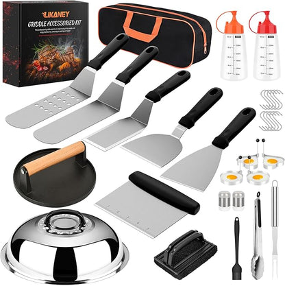 31PCS Griddle Accessories Kit, Flat Top Grill Accessories Set for Blackstone and Camp Chef, Barbecue Accessories Set with Basting Cover, Enlarged Spatulas, Griddle Press
