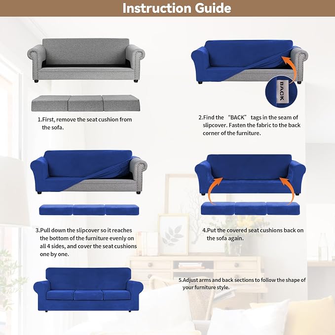 WEERRW 4 Pieces Couch Cover for Sofa Velvet Sofa Cover Washable, Royal Blue | Sofa Covers for 3 Cushion Couch Furniture Protector Sofa Slipcovers with Non Slip Elastic Bottom, Pet Friendly, Large