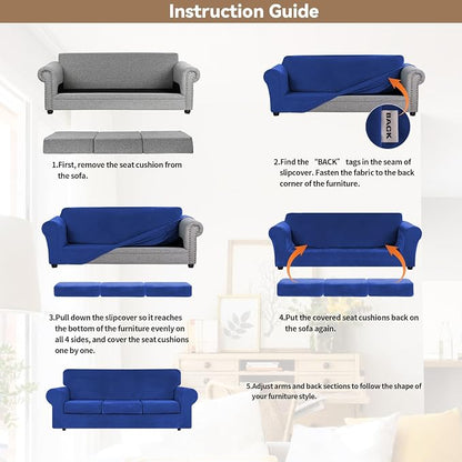 WEERRW 4 Pieces Couch Cover for Sofa Velvet Sofa Cover Washable, Royal Blue | Sofa Covers for 3 Cushion Couch Furniture Protector Sofa Slipcovers with Non Slip Elastic Bottom, Pet Friendly, Large